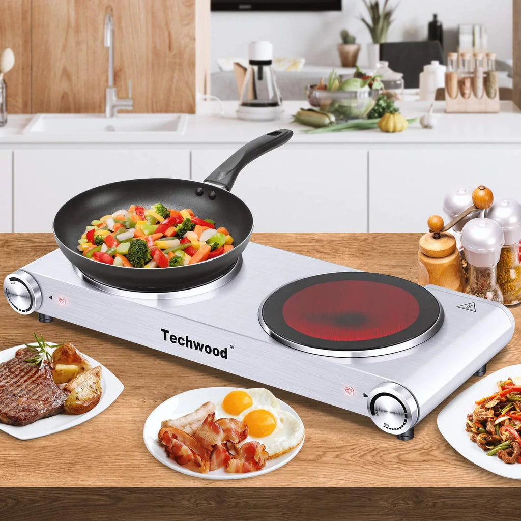 To Steel Cooking, Burner Double Double Easy Stove high quality Upgraded Burner Clean Version Hot Steel Countertop Silver, Silver for Stainless Plates Double Brushed Cooktop, Stainless Infrared Ceramic