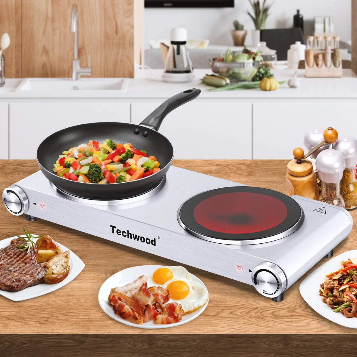 To Steel Cooking, Burner Double Double Easy Stove high quality Upgraded Burner Clean Version Hot Steel Countertop Silver, Silver for Stainless Plates Double Brushed Cooktop, Stainless Infrared Ceramic
