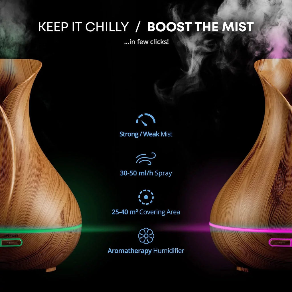 Light Oils, Aromatherapy Smart Essential WiFi Diffuser Wood Sierra Humidifier Home Modern for 400 and ml