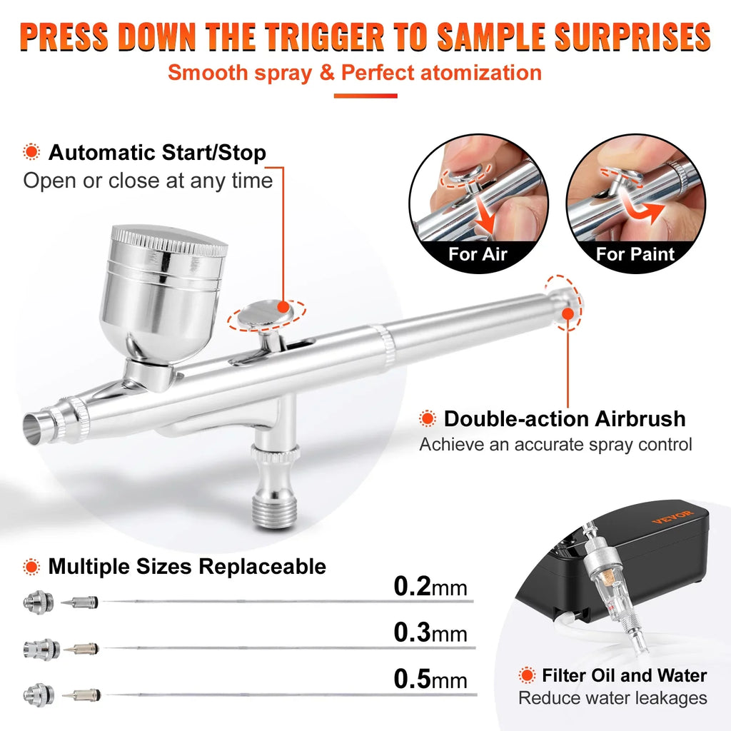 VEVOR Compressor, Makeup Portable w/ Gravity Airbrush Tattoo Kit, Feed System with Multi-purpose Airbrush Airbrushing Art Kit Airbrushes, Nail Dual-action Cookie Set