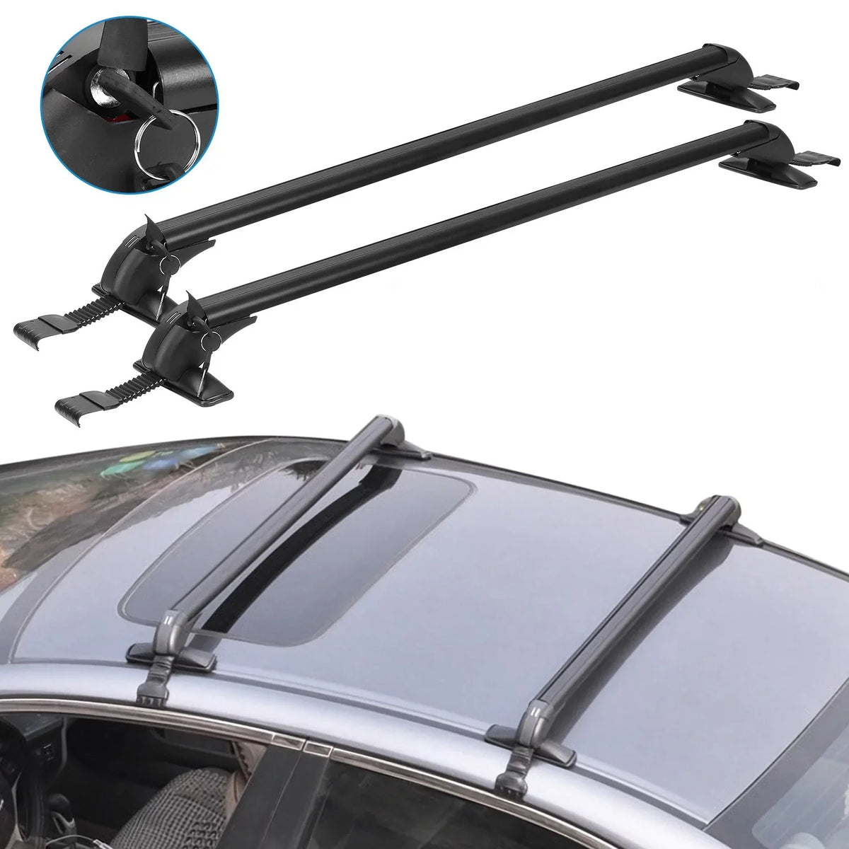 Adjustable Bike Roof Frame Crossbar Cross for Kayak Pieces new 43in Lock Rack Car Bar, Anti-Theft Cargo with Window Luggage-2 Hooks Universal