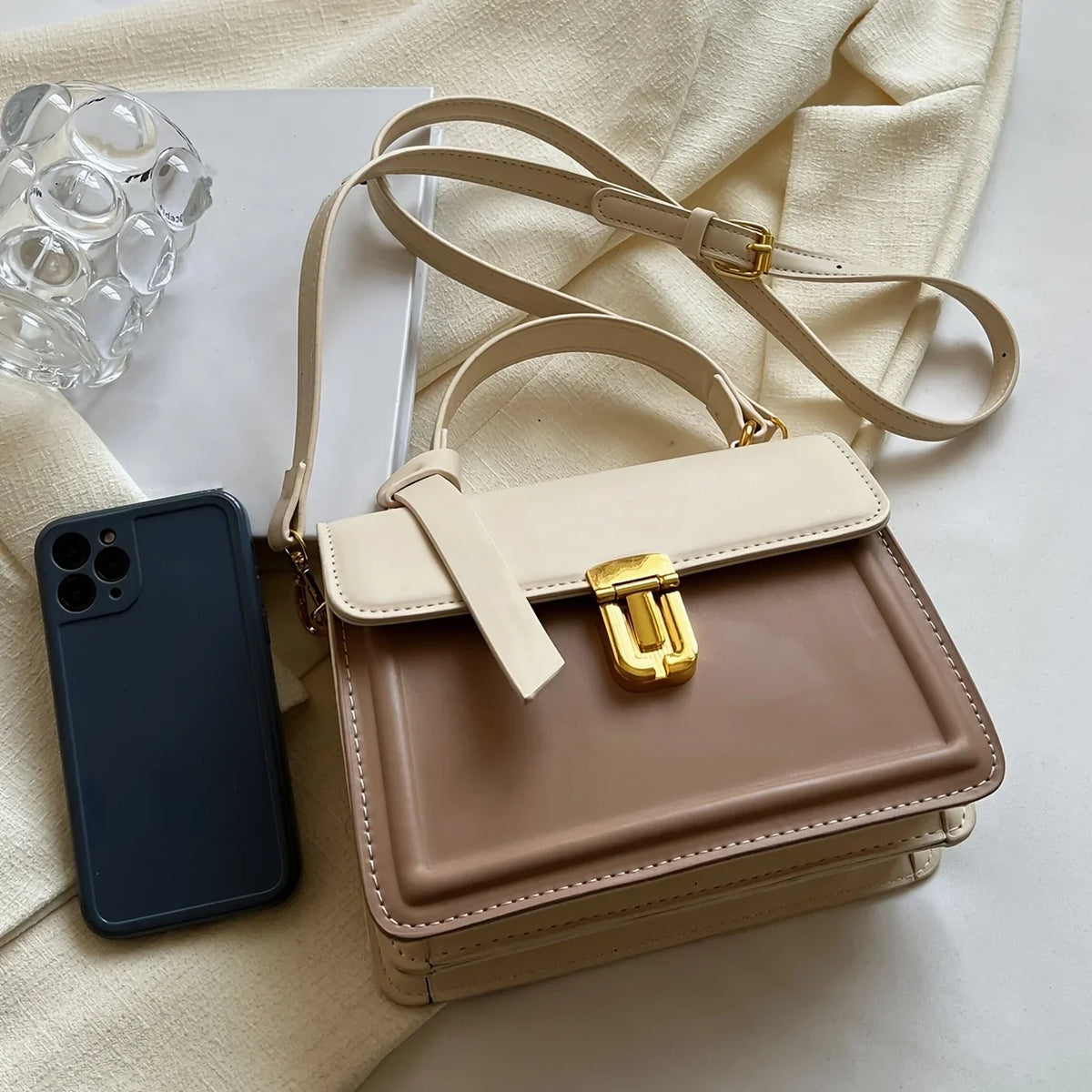 (7.9*5.93*3.16) For Junior Trendy Leather Crossbody Bag, Square Purse Women Flap Decor Inch Buckle Faux Handbag,