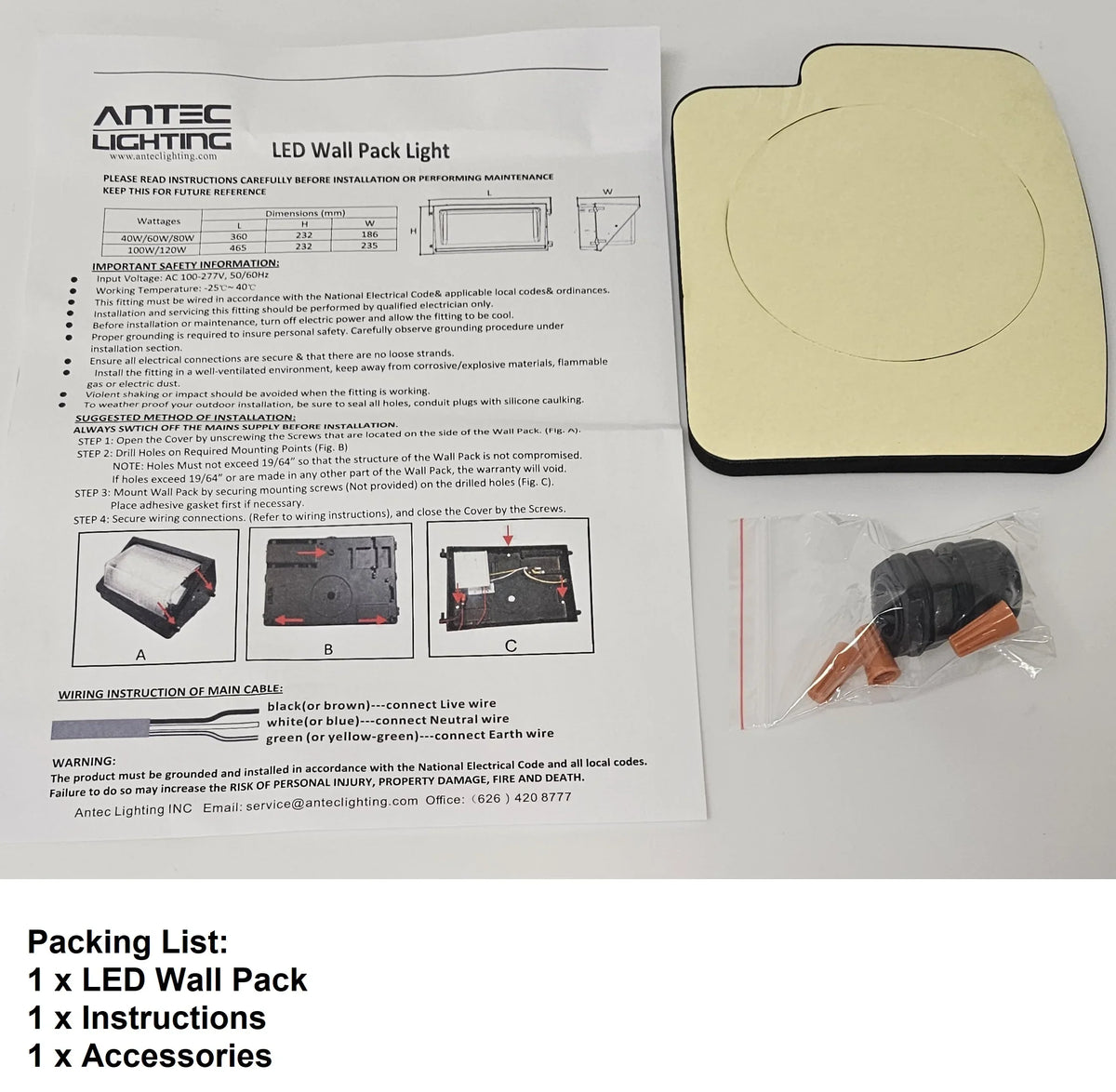 Pack trendy 100-277VAC, 5000K, Outdoor Weather UL/DLC LED Light, Resistant, Antec Wall 40W 5000 , IP65 Lumens,