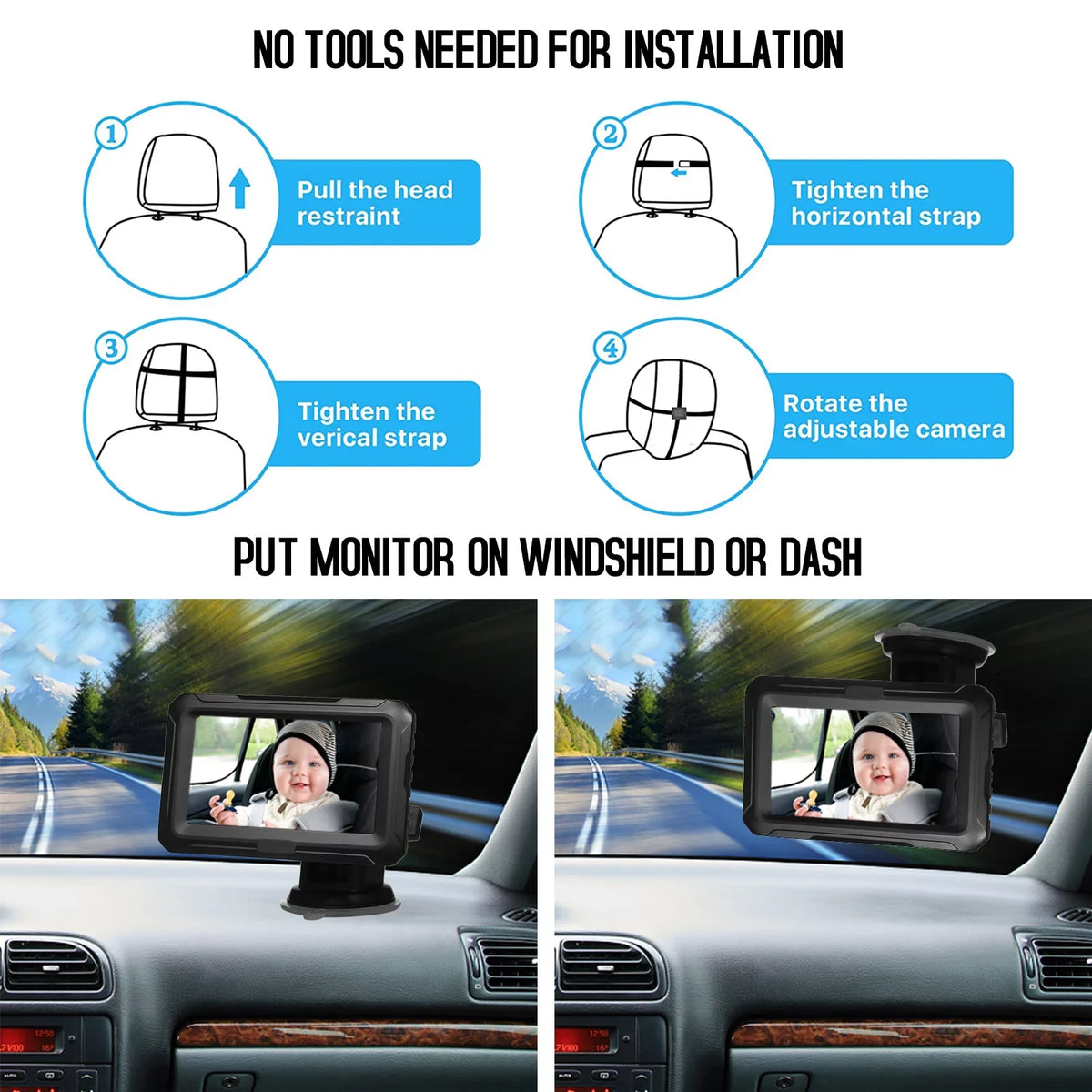 Pets for Monitor Adjustable Baby View Baby IPS with Night Function Wide Baby Screen Mirror Angle 4.3'' Kids Vision Infants Mirror, Car with Camera Car Shinysix classic 1080P