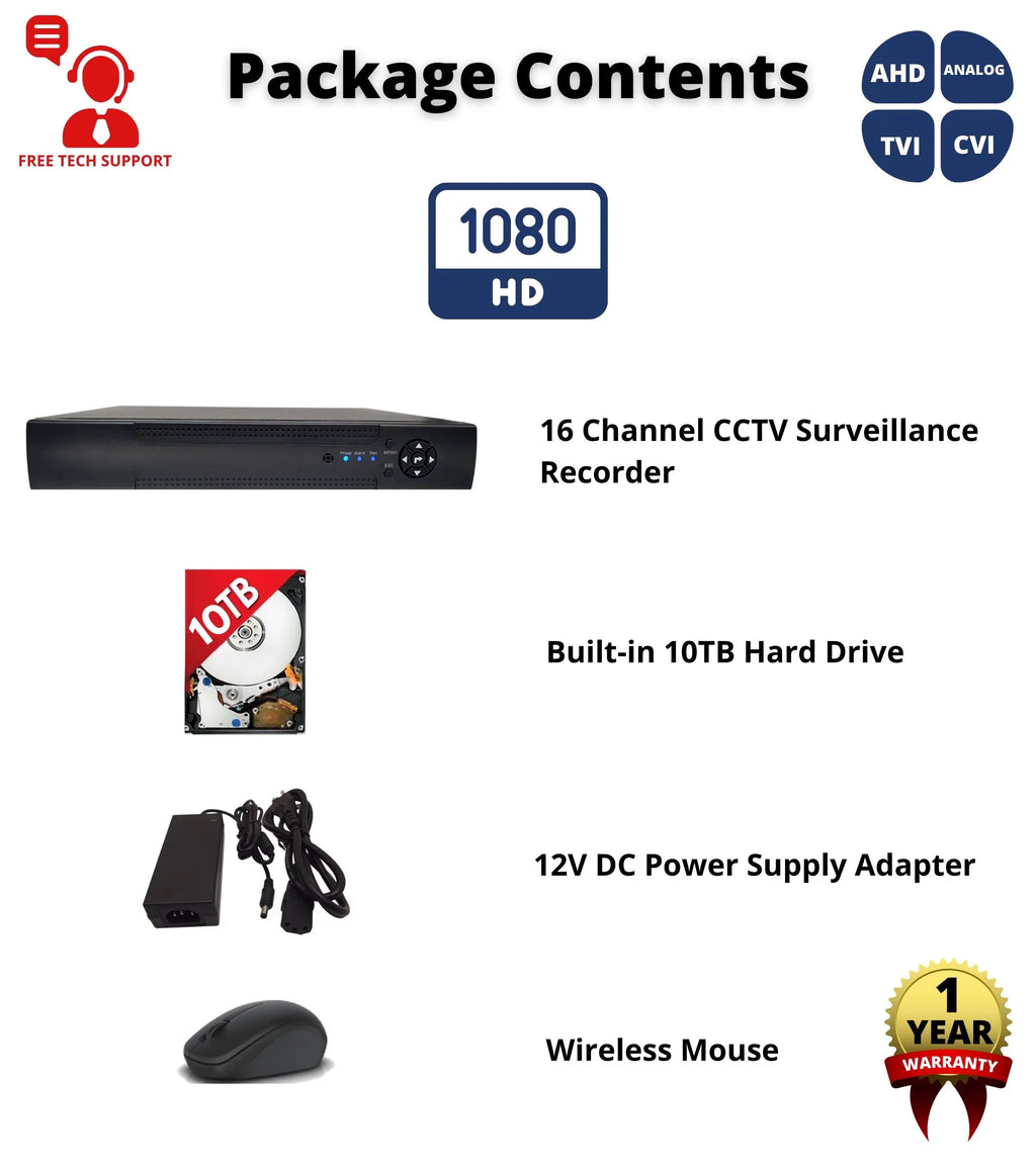 10TB Recorder, & Channel Access, Surveillance Evertech Camera CCTV H.265 Remote Easy 4-in-1(TVI/AHD/CVI/CVBS) Alerts Hard with Detection Hybrid DVR 16 Drive Motion Emile