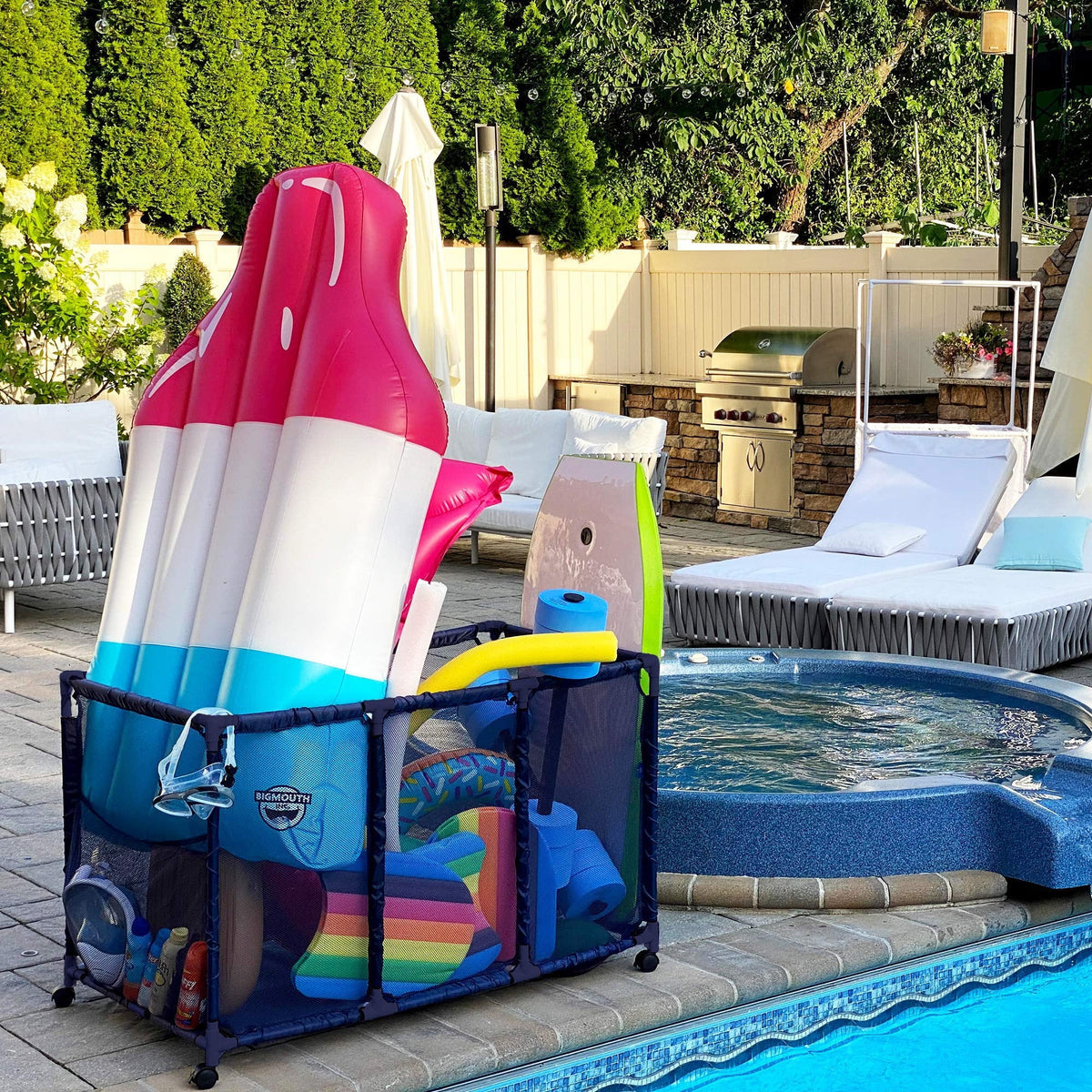 Toys, 28" x L Storage Floats, Height, W Style 563009 Floats Essentially Mesh 25" Equipment Organizer (43" and Blue x Kids Balls Noodles H), Bin, Pool Large, Rolling Holder, Yours