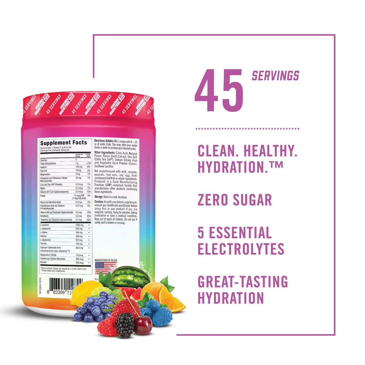 Electrolytes, Flavor, trendy Essential Twist Servings Zero Rainbow Great Hydration Hydration 5 45 BioSteel with Tub per Tasting Sugar Mix,
