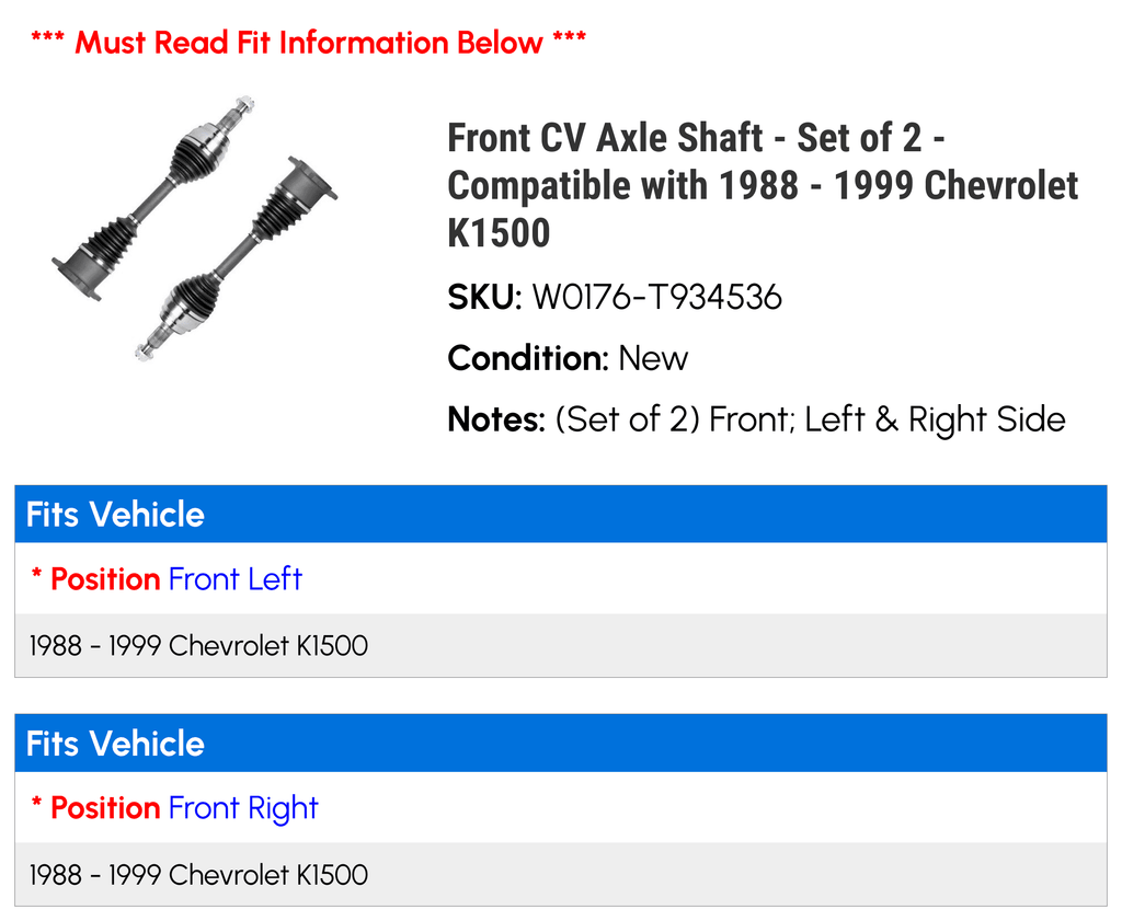 1997 1988 1992 high quality K1500 1996 Set with 1998 Chevy Axle 1990 1991 Compatible Shaft - 1993 1994 - 1999 2 CV Front of 1989 - 1995