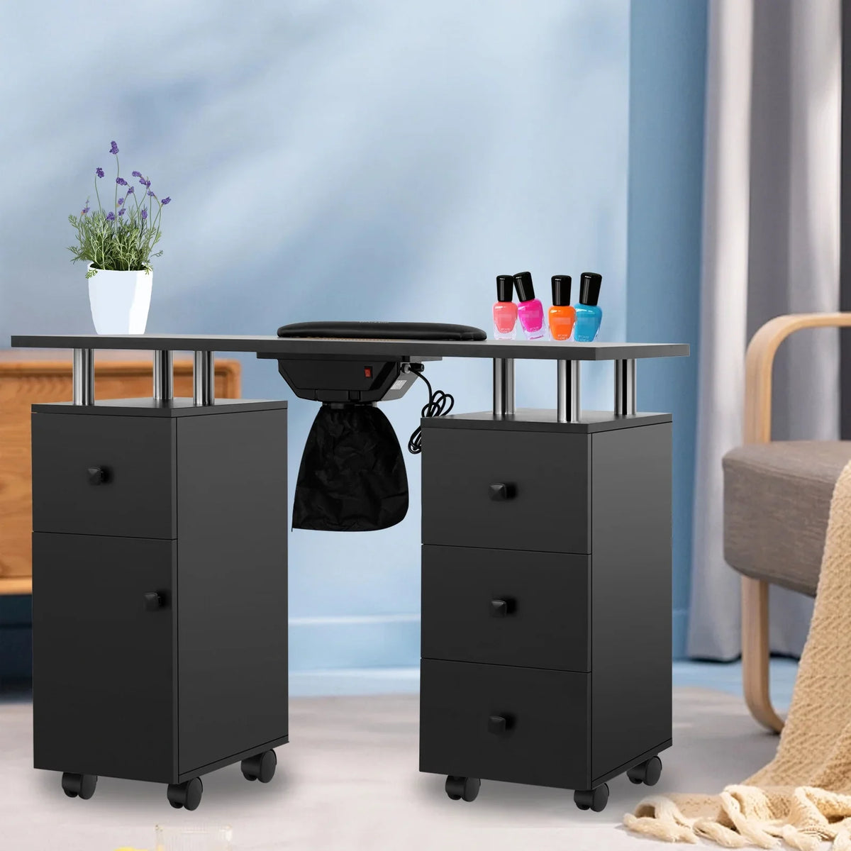 for & Wheels Resistant & w/ Nail Nail Dust LUXMARS Technician, Collector Black Nail Cushion, Desk Drawers Manicure Cabinet Electric Rest - Wrist Table Table w/Lockable Acetone Station new Table &