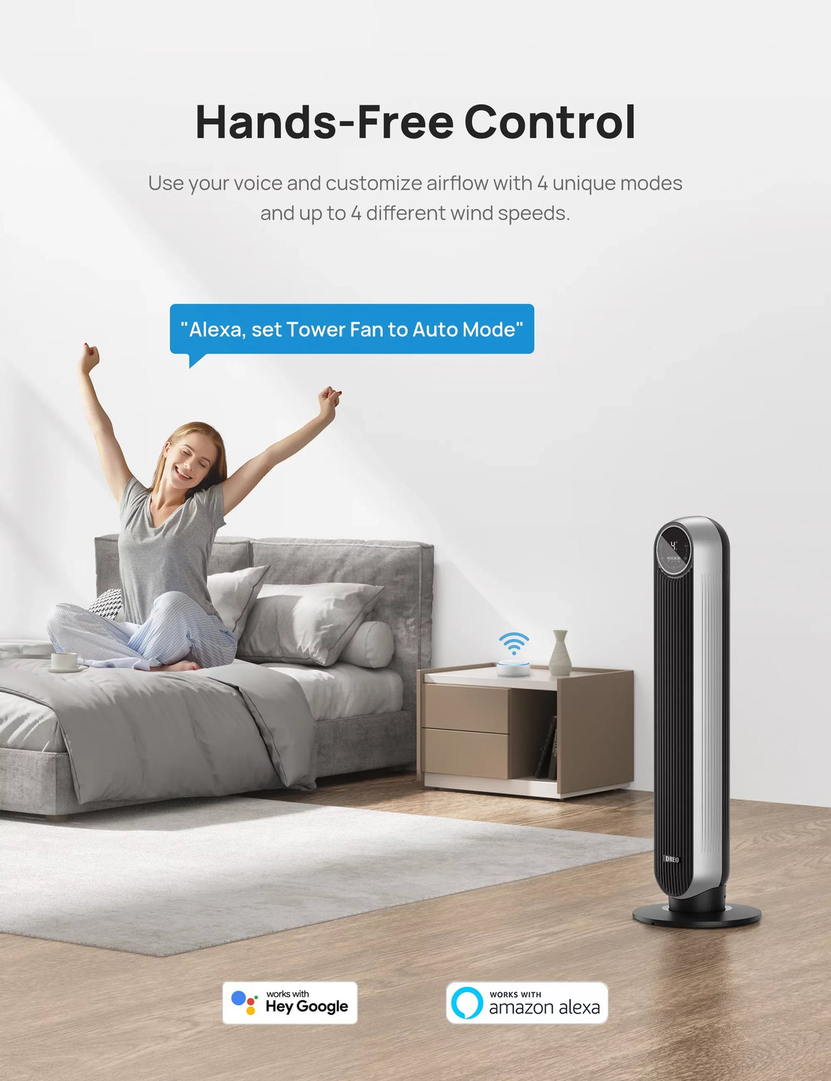 Timer, Quiet Oscillating for Bladeless Speeds, with 8H Smart Alexa/Google Bedroom, 4 and with Floor WiFi Fans, Fan Works Tower 4 Dreo Modes, Standing Remote Control, Fan Voice