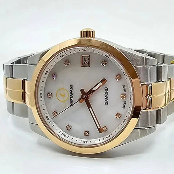 Queen Face Waterproof Made Stainless Lady Quartz Haftavani Diamond Diamonds Genuine Bicolour Marble -100M Gold Silver-Rose - Swiss Steel - With Watch –