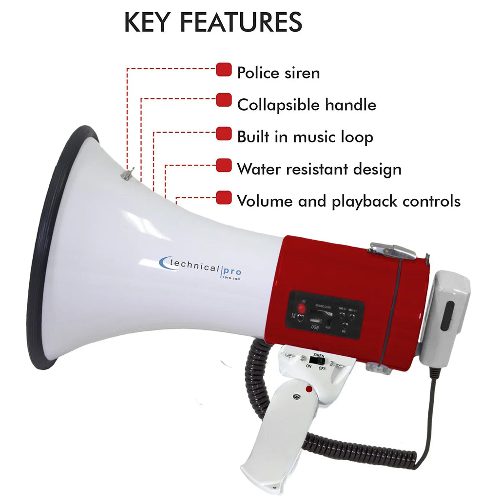for Megaphone w/ Bullhorn Rechargeable 50-Watt Siren Microphone Detachable w/ Battery Speaker and classic Pro Technical Portable