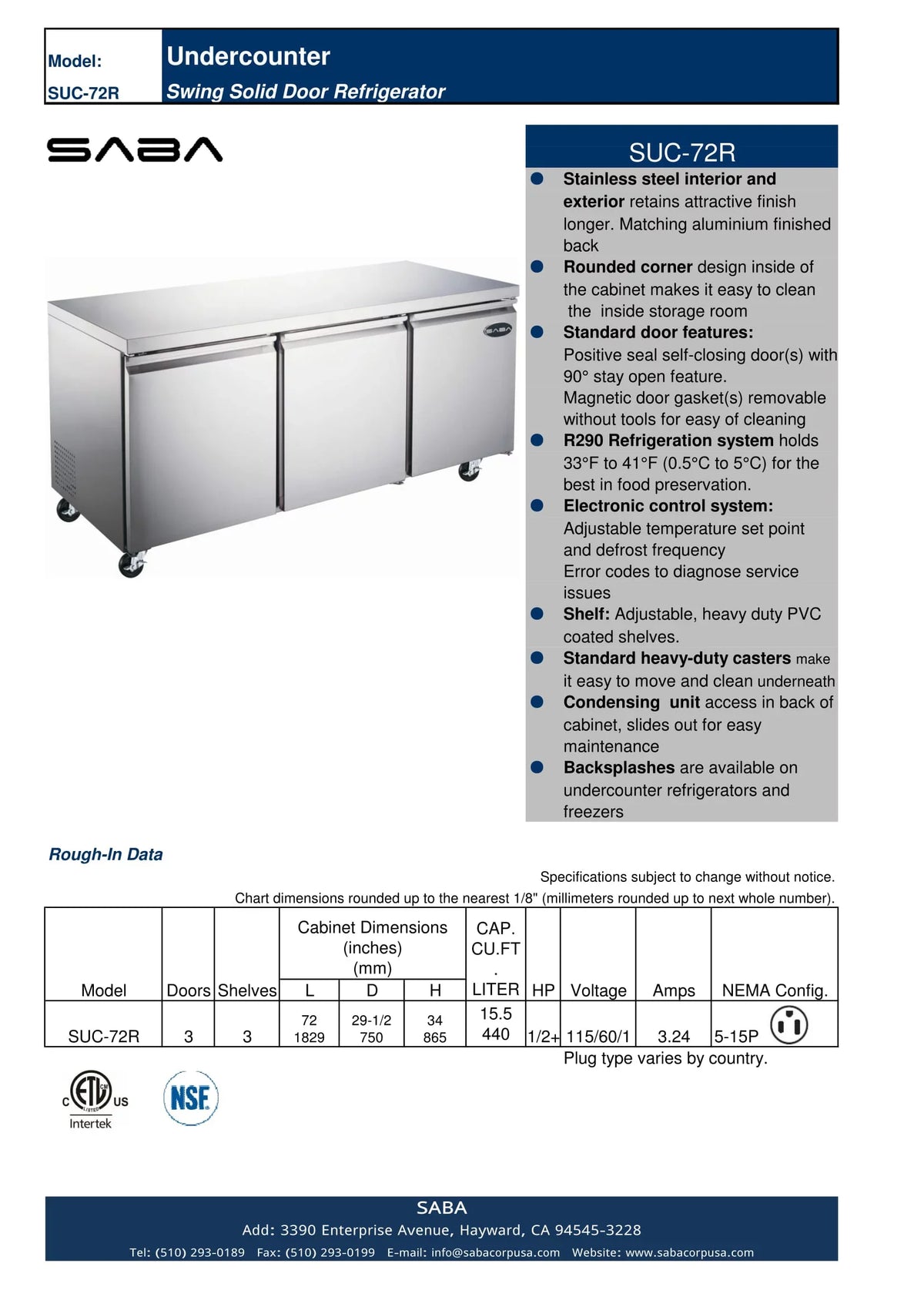 Duty Heavy high quality Commercial Undercounter 72" Refrigerator Door Three