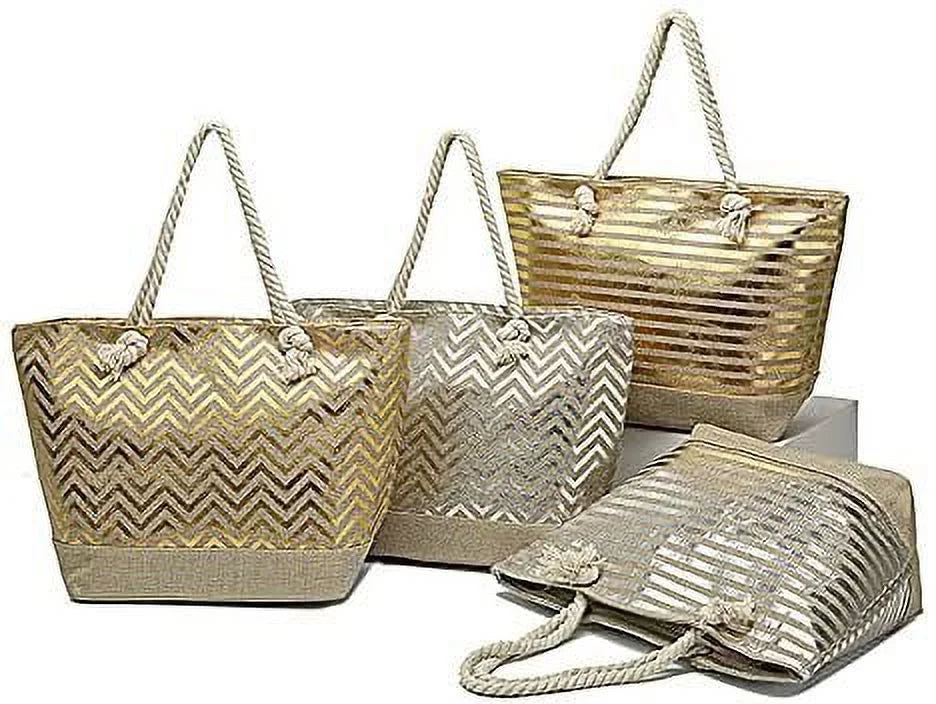 Monogram Beach Gold Silver or Print Bag Chevron Tote Metallic Zipper Stripe - with Large Name - with Can Gold or Pattern Top Stripe high quality Personalized Women be or Initial, -