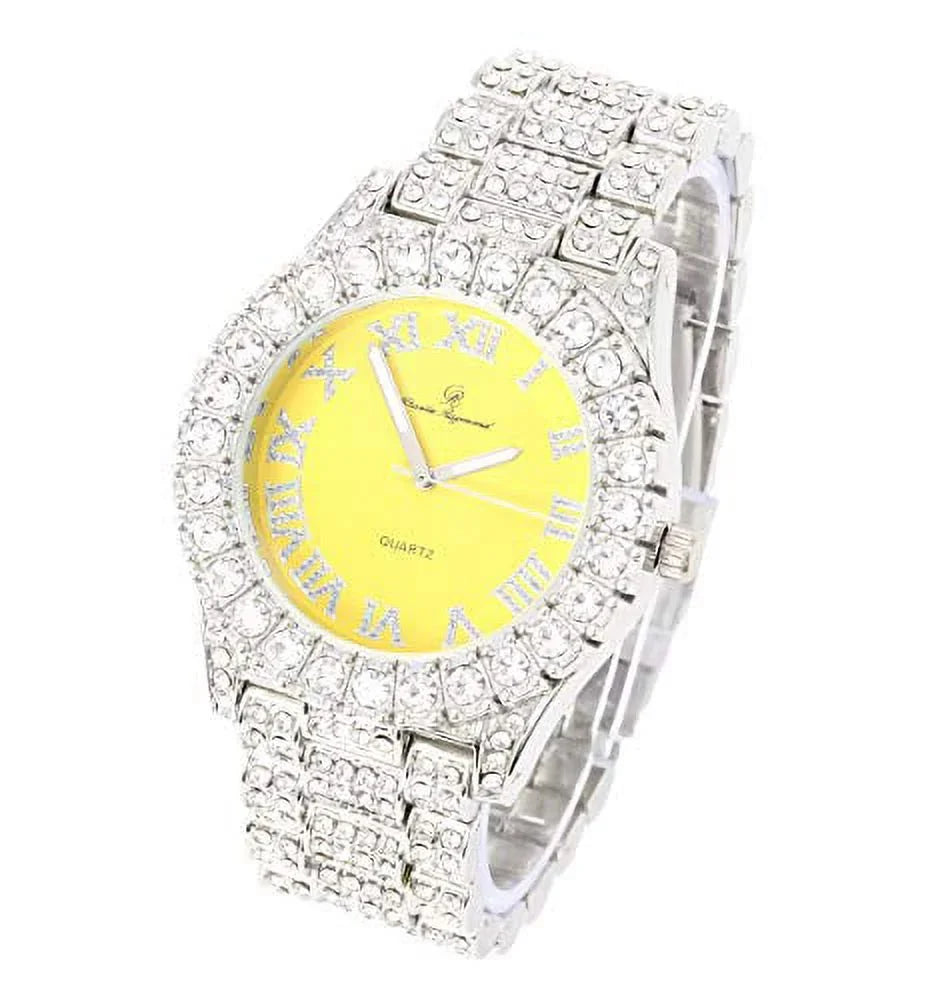 '- Rocks Big Dial Yolo Watch Yellow) Fully Single RN ST10327 Iced Numerals Mens (Silver with Silver Out Roman Colorful