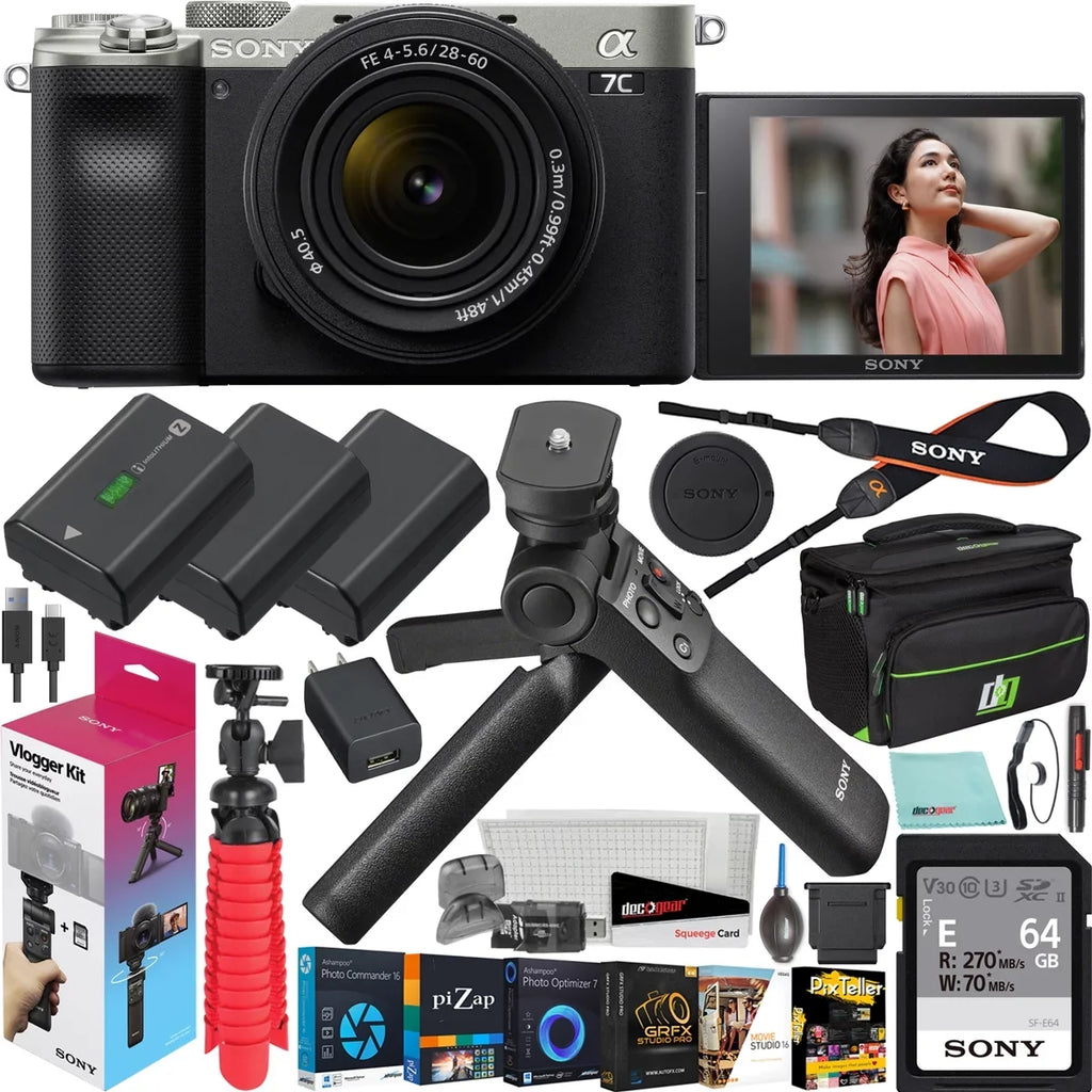 Accessories Remote with Bundle Body Frame Vlogger ACCVC1: Shooting Mirrorless Battery ILCE7CL/S Silver + Full + GP-VPT2BT + w. 2x F4-5.6 Camera Wireless Grip Bag Kit a7C Deco Lens & 28-60mm Gear