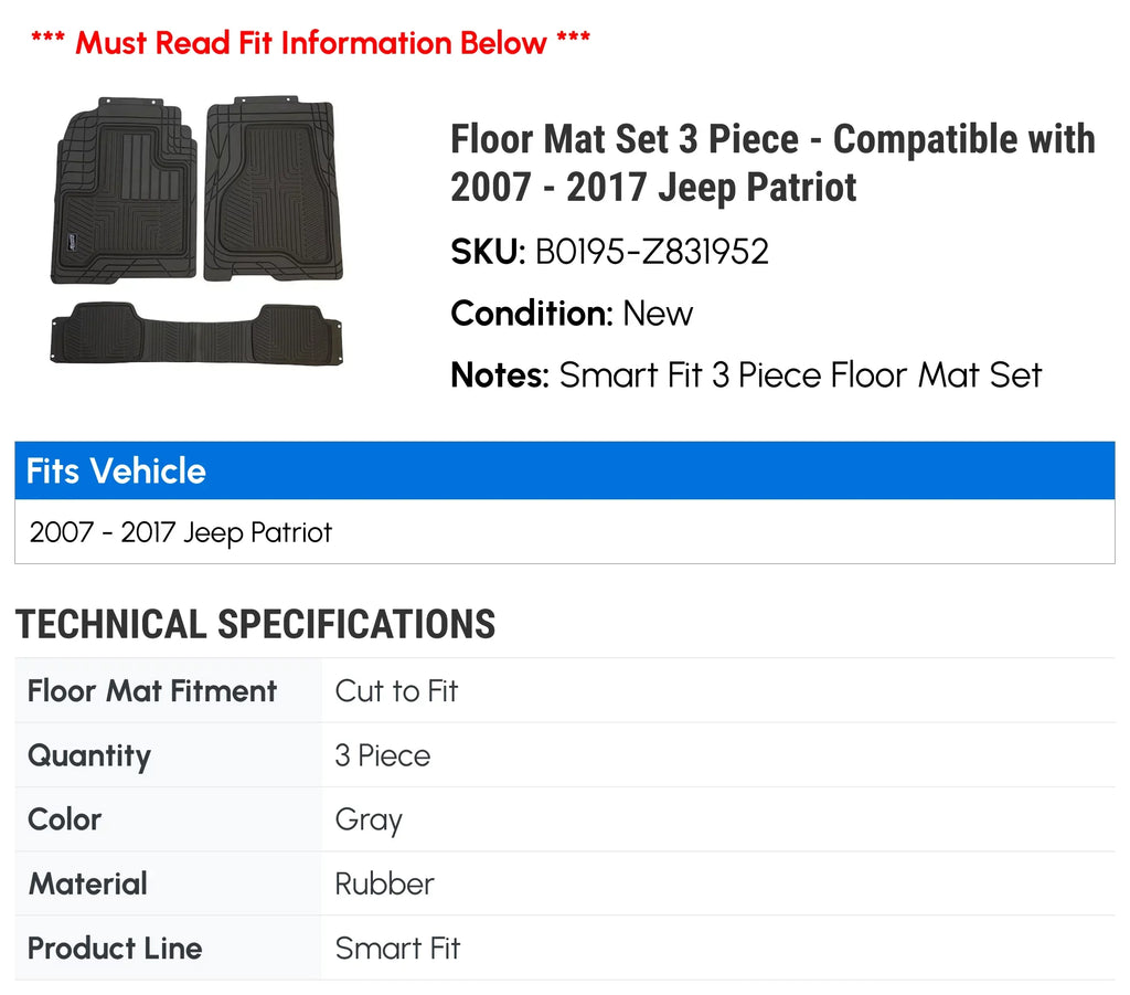 '- with 2014 Patriot 2009 special edition Set 2013 Mat Jeep 2012 2011 Compatible 2008 2015 3 - 2017 2016 Piece 2010 2007 Floor