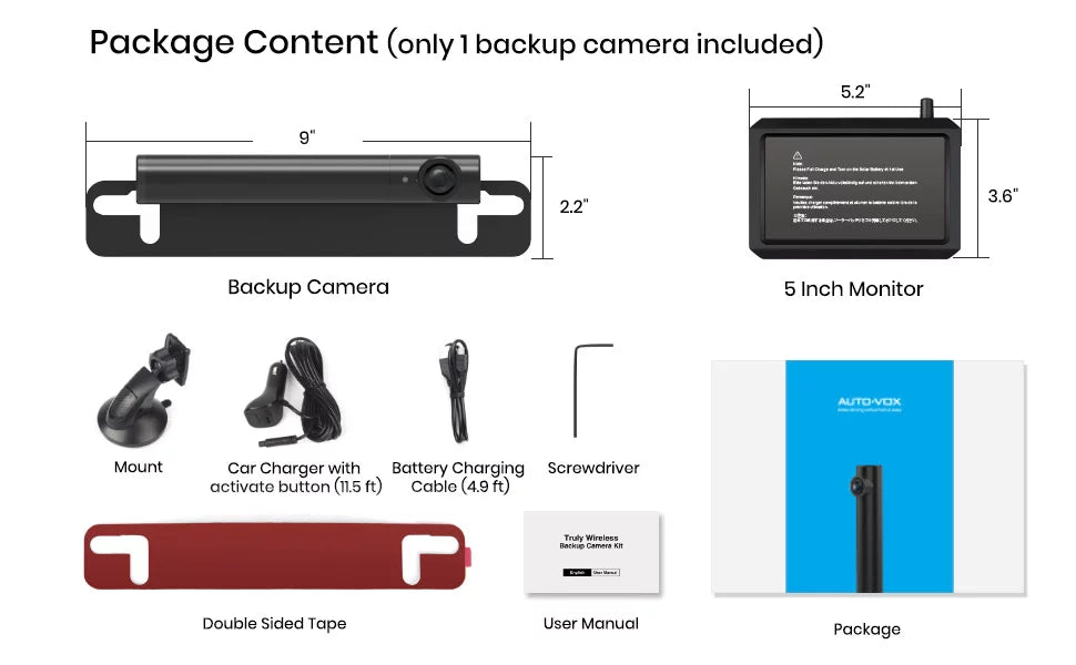 Vision for high quality Backup View for Monitor 3Mins Back Up Systems Installation, Car, Rear/Front Camera AUTO-VOX Mini Trucks, Camera Super Size 5'' Night with TW1 Wireless DIY