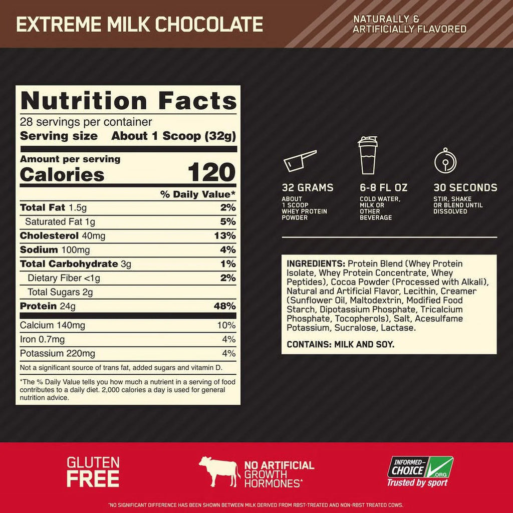 Gold Powder, Extreme Protein, 28 Servings Protein 24g Milk Chocolate, Optimum Whey 100% 2 Nutrition, lb, Standard