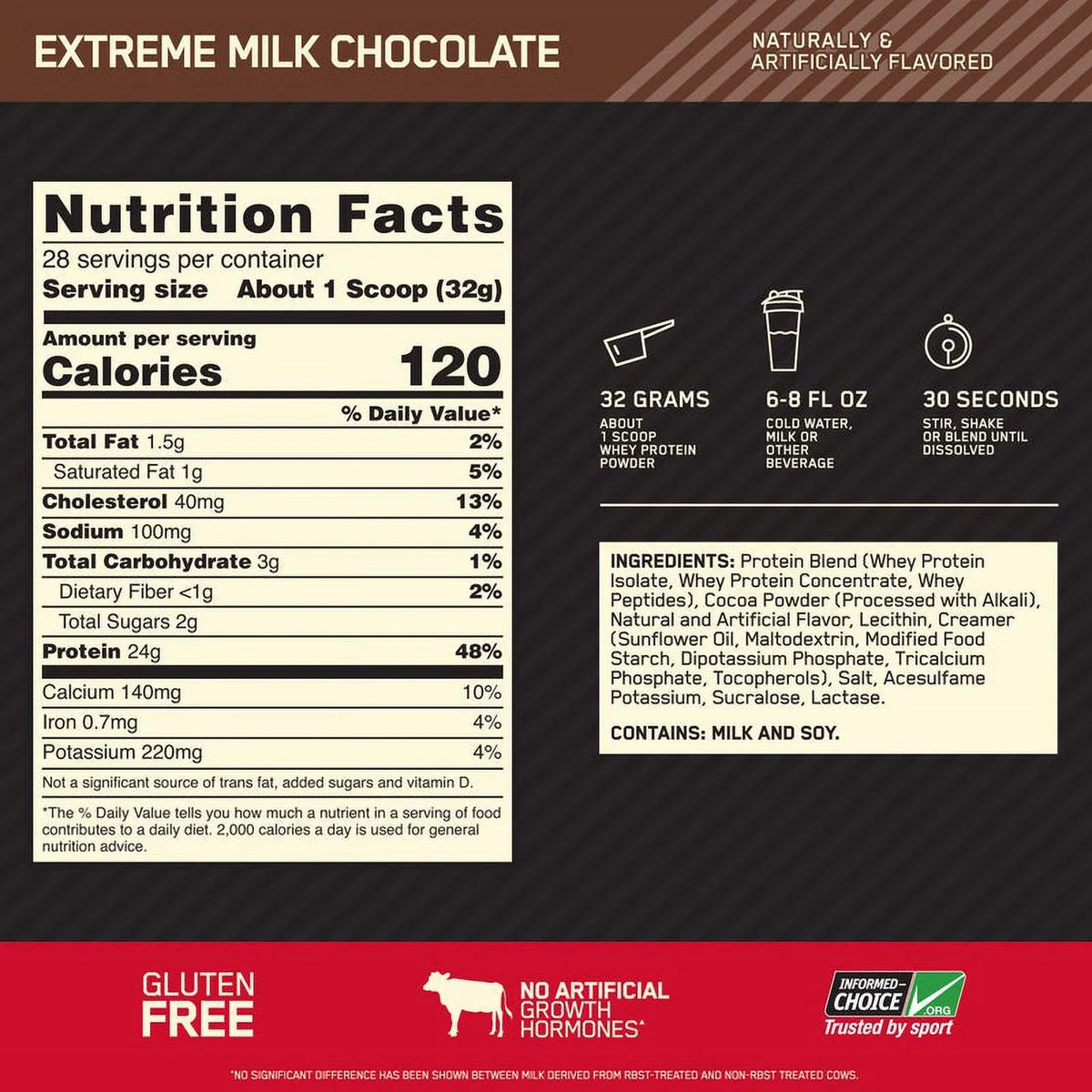 Gold Powder, Extreme Protein, 28 Servings Protein 24g Milk Chocolate, Optimum Whey 100% 2 Nutrition, lb, Standard