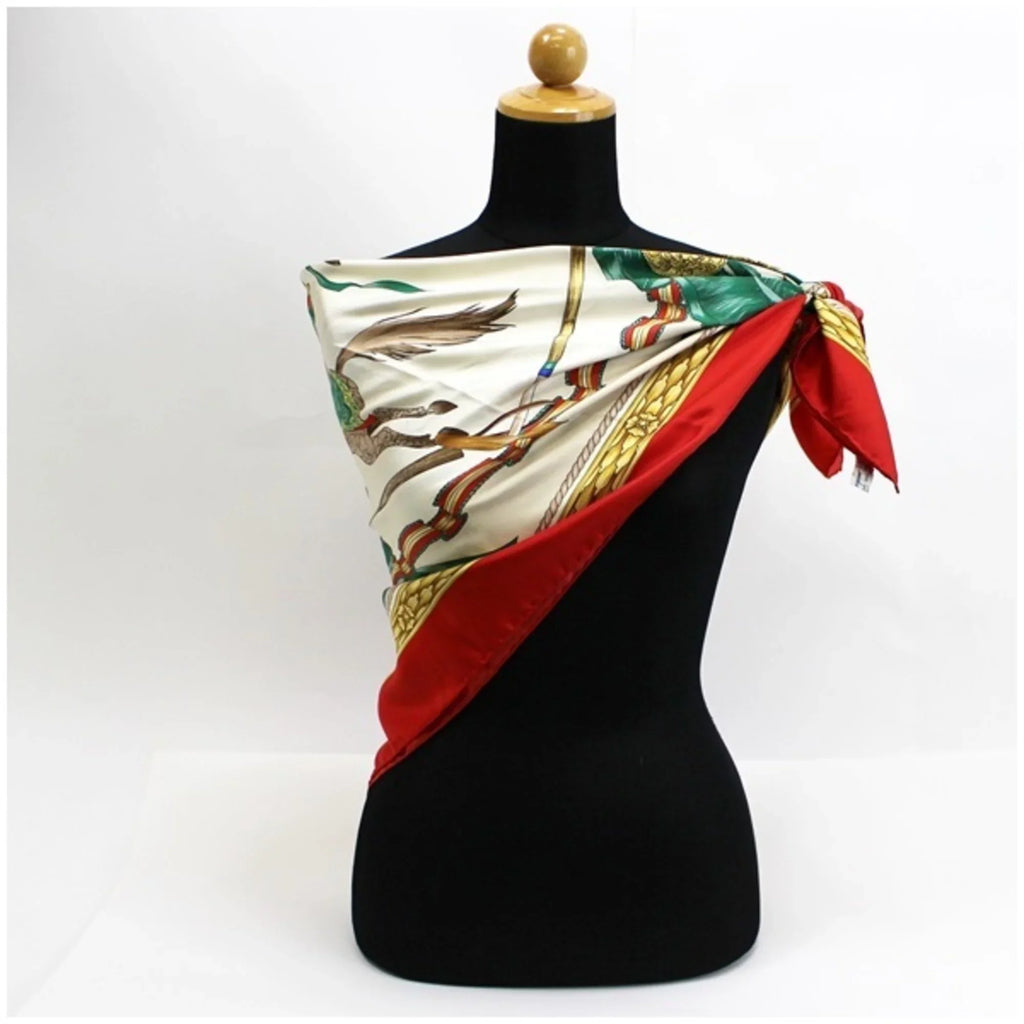 SALVATORE Silk Ferragamo (Good) Ladies Pre-Owned Muffler Red x | FERRAGAMO Scarf Stole Horse Pattern White