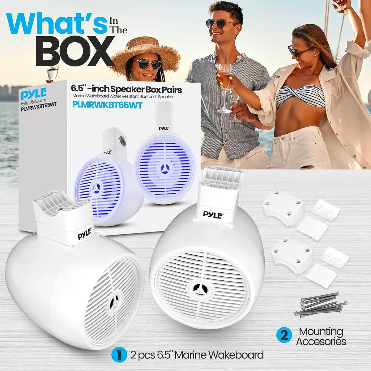 Bluetooth with Box Mini Water Single Lights, White 6.5" Speaker Speaker LED Wakeboard Resistant PLMRWKBT65WT Marine - 2-Way System Built-in