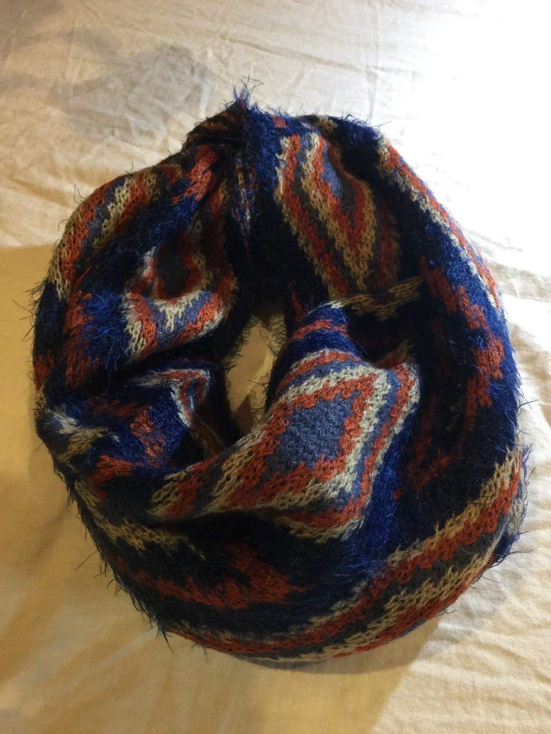 Antique infinity Styled scarf cool print. southwestern Furry Vintage knit
