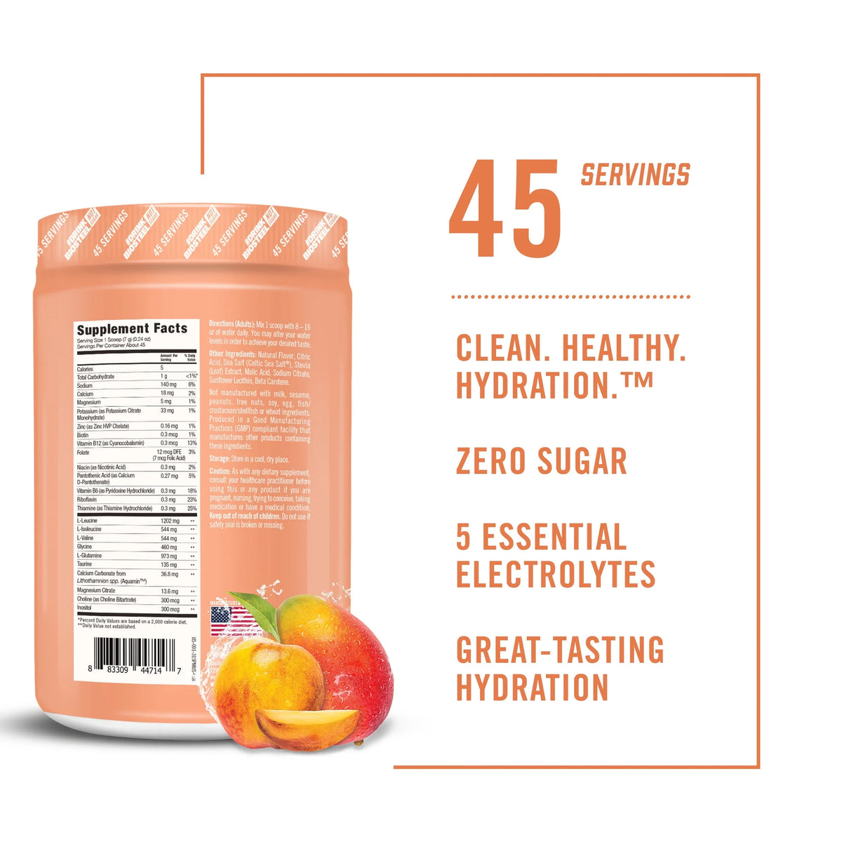 Flavor, Hydration Peach per Hydration Mango Zero Electrolytes, BioSteel Mix, with Essential Tub Servings 45 Great Sugar 5 Tasting