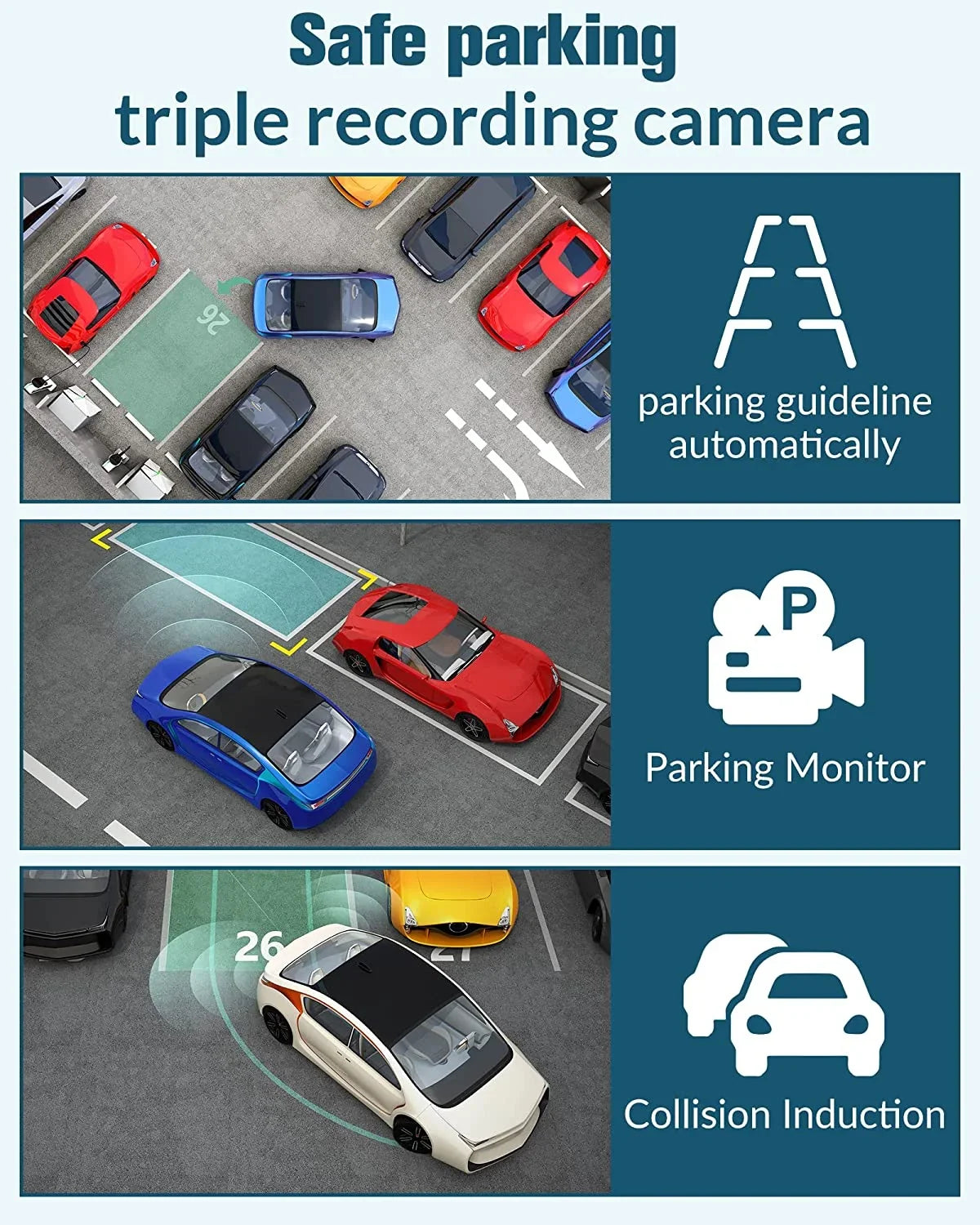 3 Inside,4K SD Recording,24H Rear Cars Card,Built-in 32GB Front Dash with Screen,WDR,Loop UHD Mode and Angle,2.0'' Dash Parking Full Vision,170°Wide Channel IPS Free Camera Cam for Night Super