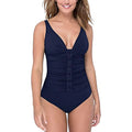 Women's By Tummy One Profile Swimsuit trendy Control Lace-Front Navy Gottex D-Cup 14D Piece