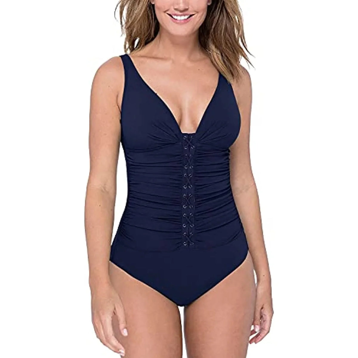 Women's By Tummy One Profile Swimsuit trendy Control Lace-Front Navy Gottex D-Cup 14D Piece