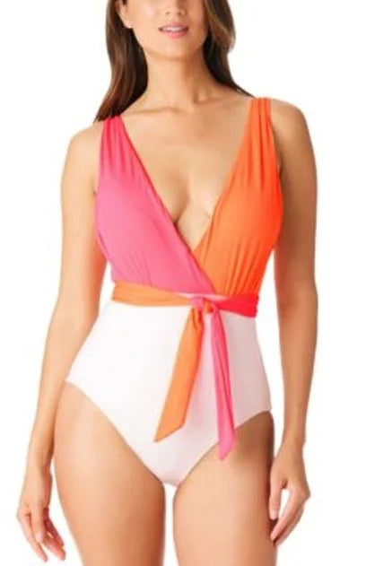 MULTI Swimsuit, WHITE US Sanctuary Colorblocked new Large One-Piece Tie-Front