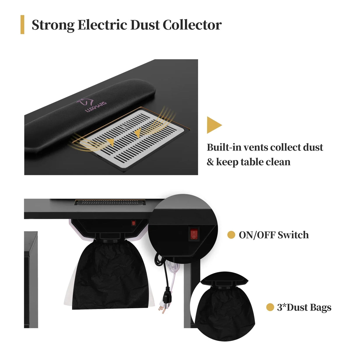 for & Wheels Resistant & w/ Nail Nail Dust LUXMARS Technician, Collector Black Nail Cushion, Desk Drawers Manicure Cabinet Electric Rest - Wrist Table Table w/Lockable Acetone Station new Table &