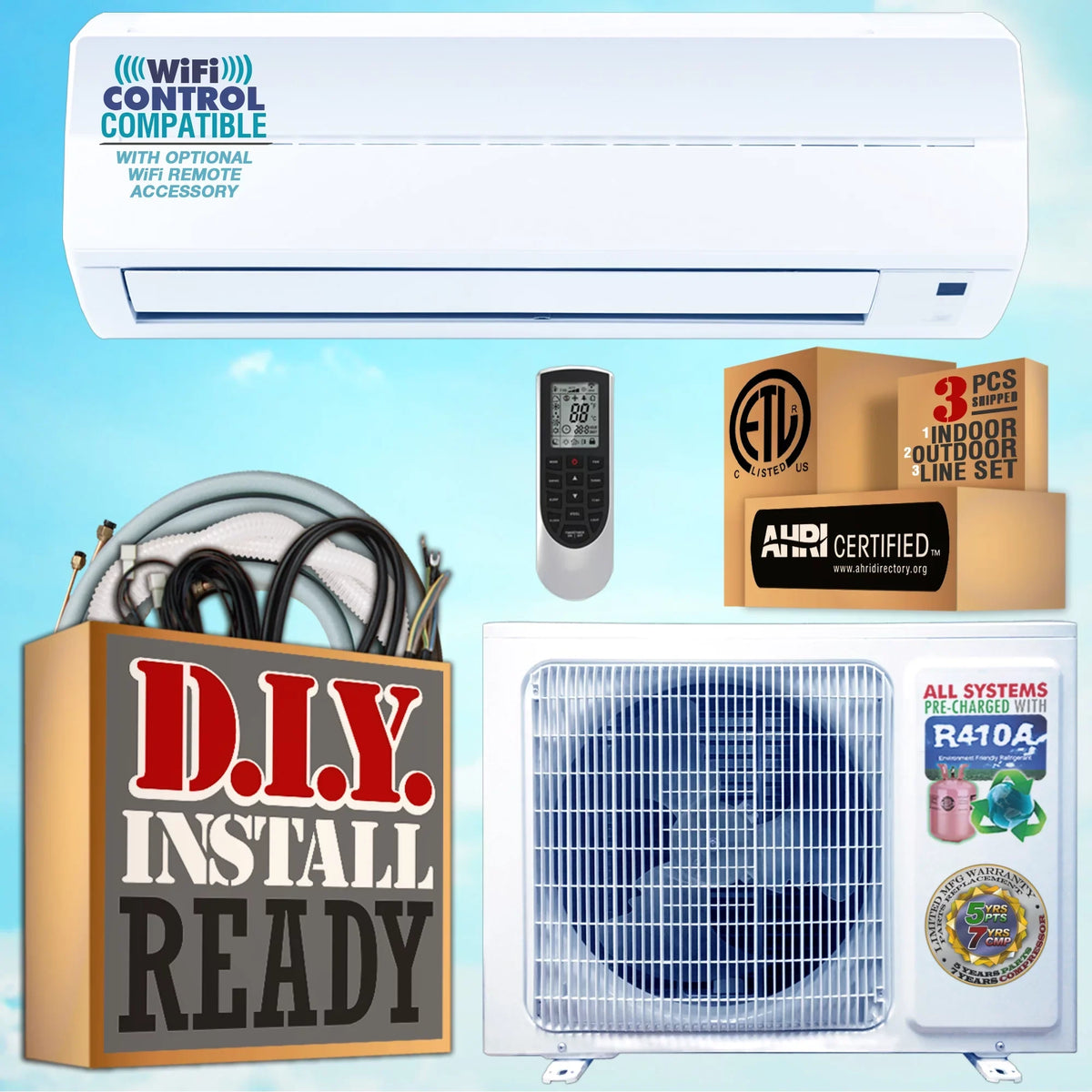 with Super coverage Heat Efficiency Kit Mini 115V/60 25 BTU Ductless and ft SQ Hz 500 area Split 12000 AmVent installation high quality Pump Inverter