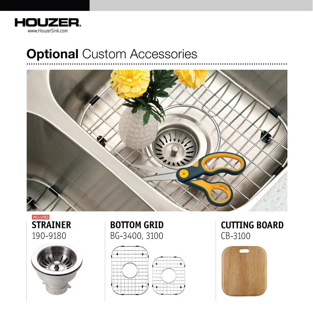 17-15/16" Bowl MEC-3220SR-1 31-1/2" Stainless Undermount 60/40 Bowl Small x Double Steel Right 31-1/2" x Sink, 20-3/16" x 20-3/16" Houzer Kitchen
