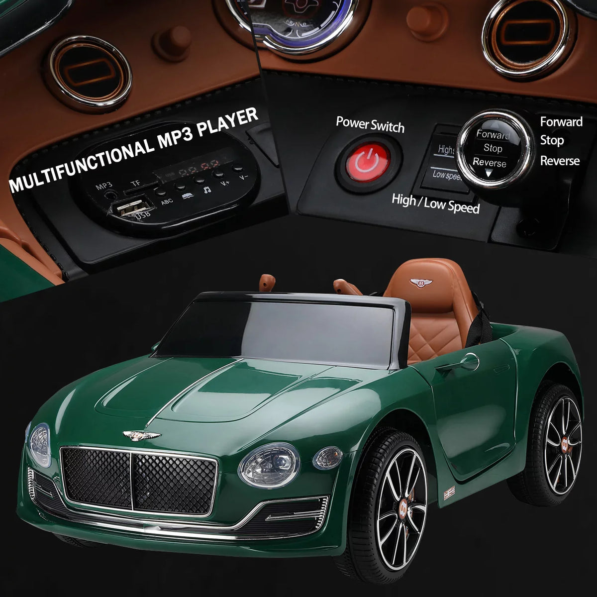 12V Control, Green Ride on Music, on Licensed for 3+, Girls Bentley Official Boys Age Car Car, Remote Ride Electric LISUEYNE with classic Car