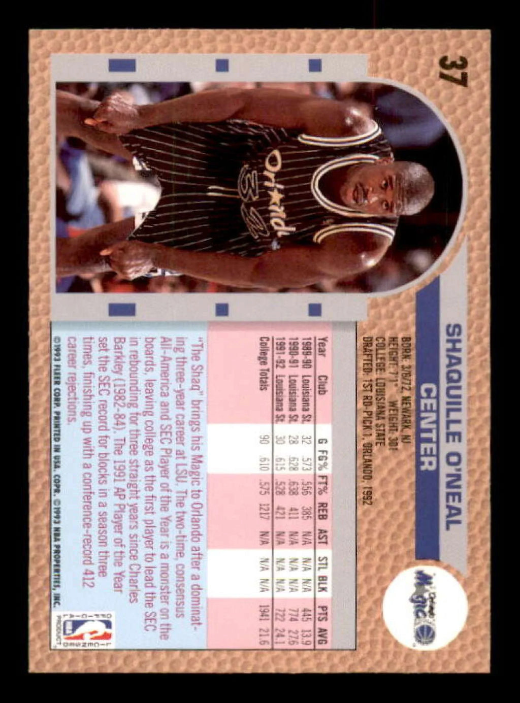 Rookie Fleer 1992-93 Shaquille #37 high quality O'Neal Card Drake's