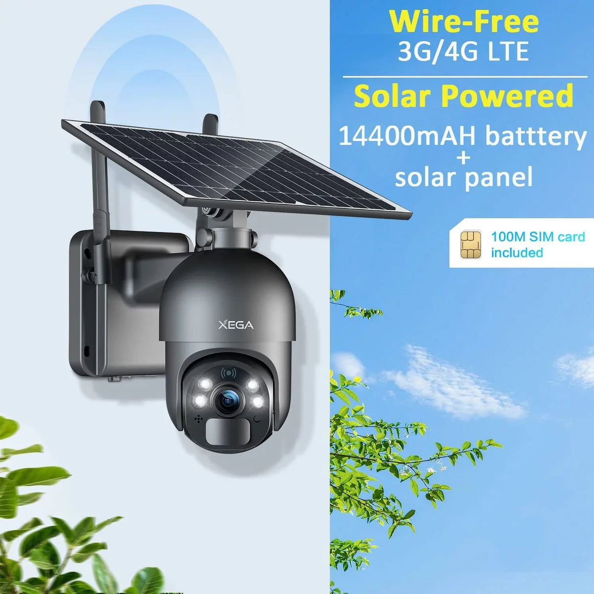 Cellular 95° Pan Power 14400mAh Night Solar/Battery Camera 3G/4G Rechargeable LTE Security 355° 4X Xega 2-Way with Need Outdoor 2K Talk, No SIM Wireless Zoom, Wifi Battery, Vision, IP66, Card, Tilt,